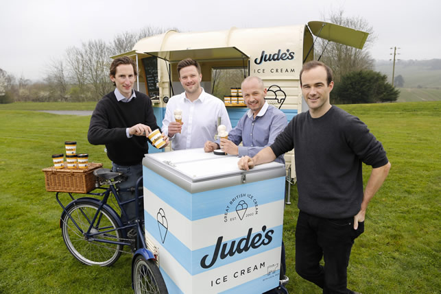 Jude's Ice Cream truck, cart and people